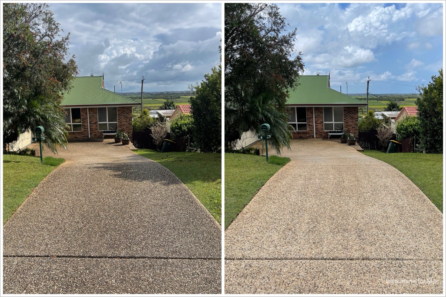 Exposed aggregate driveway restored — before and after pressure cleaning