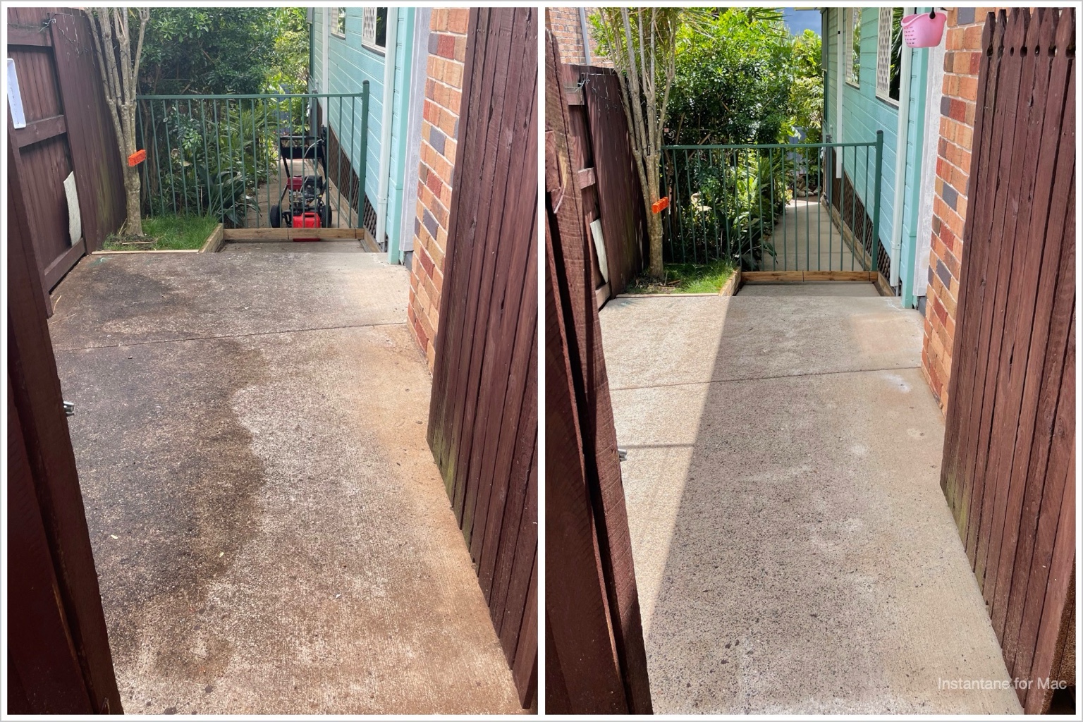 Narrow side path between homes cleaned back to a fresh finish
