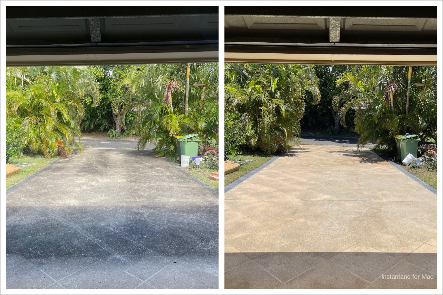 Carport concrete cleaned back to original colour — before and after