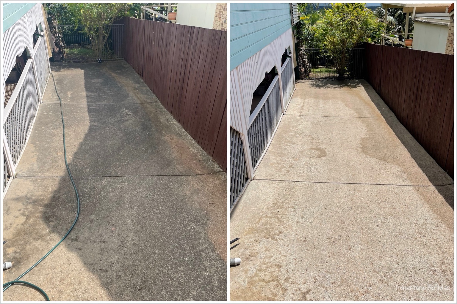 Side access concrete path pressure cleaned — before and after